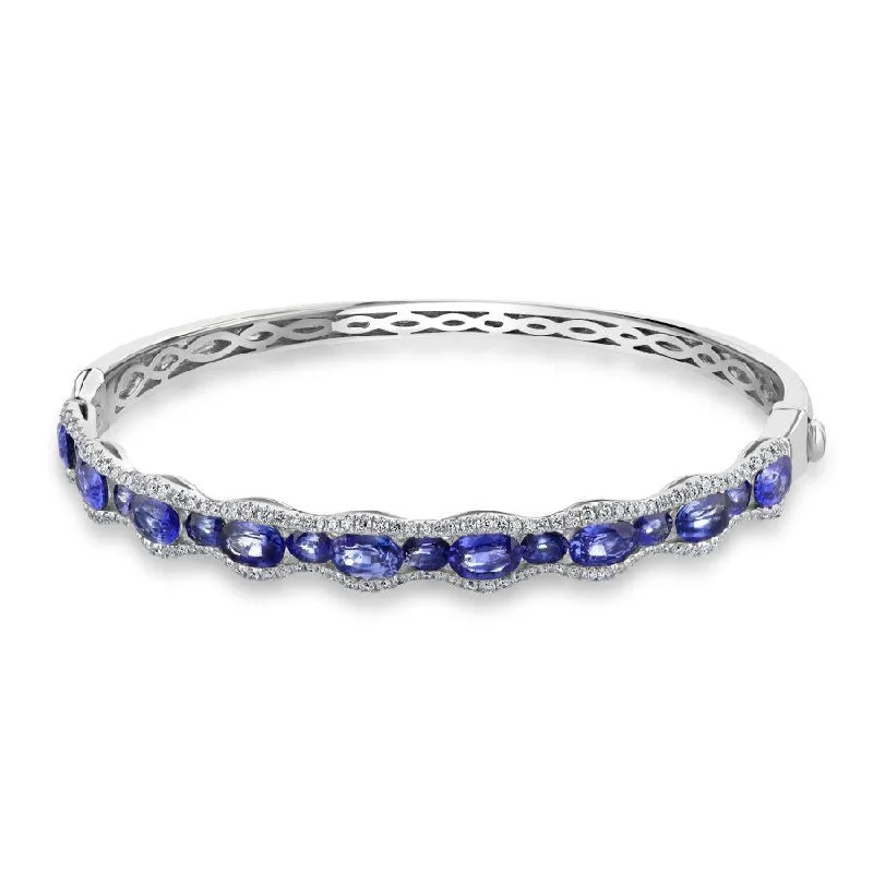 Silver Charm Bangles-18ct White Gold Oval Cut Sapphire & Diamond Wave Hinged Bangle