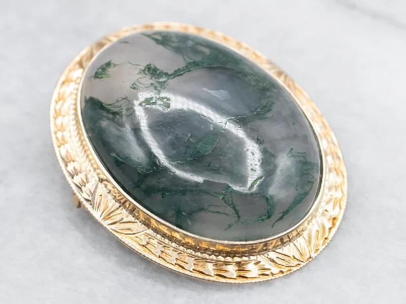 Wedding Dress Brooch-Vintage Moss Agate Brooch or Pendant with Patterned Frame