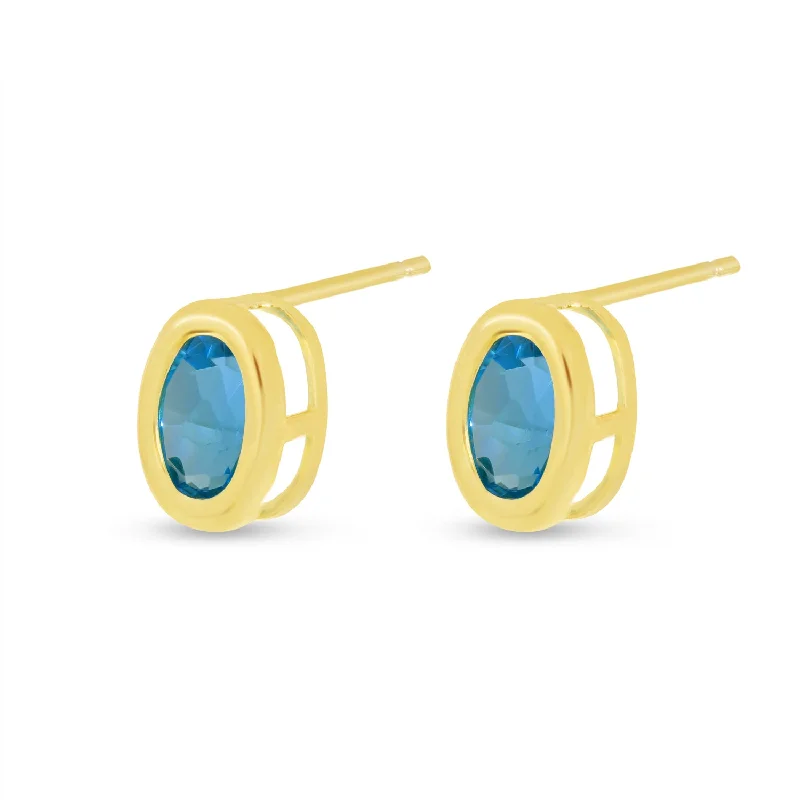 Retro Stud Earrings-14K Yellow Gold Blue Topaz Oval Bezel Birthstone Earrings E4435-DEC