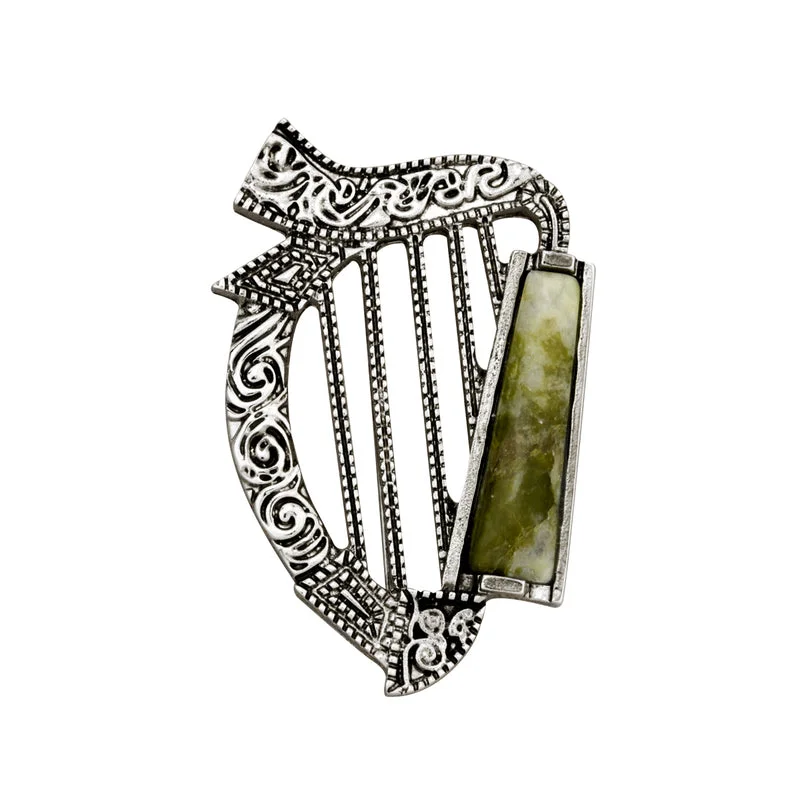 Beaded Brooch-Rhodium Plated Connemara Marble Harp Brooch