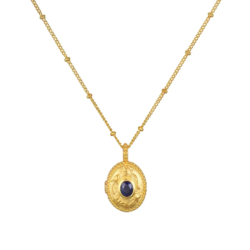 Gold Multi-layer Necklaces-Lotus Sapphire Birthstone Locket Necklace - September