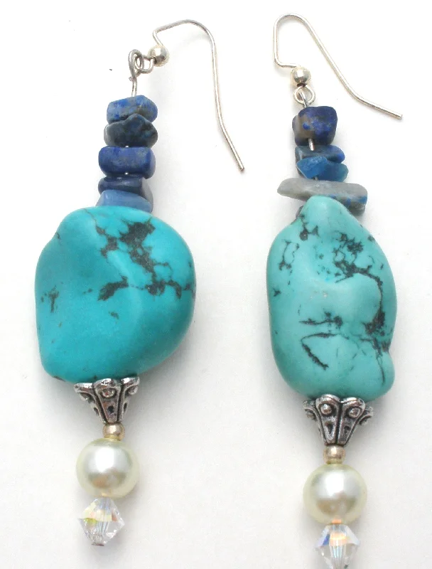 Silver Drop Earrings-Turquoise Sodalite & Pearl Earrings Vintage