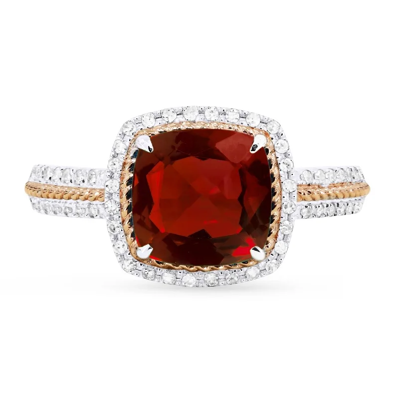 Two-tone Engagement Rings-TWO-TONE GOLD FASHION RING WITH CUSHION SHAPED GARNET, .17 CT TW