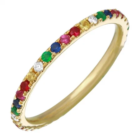 Simple Wedding Rings-14k Yellow Multi Color Sapphire Rainbow Eternity Band