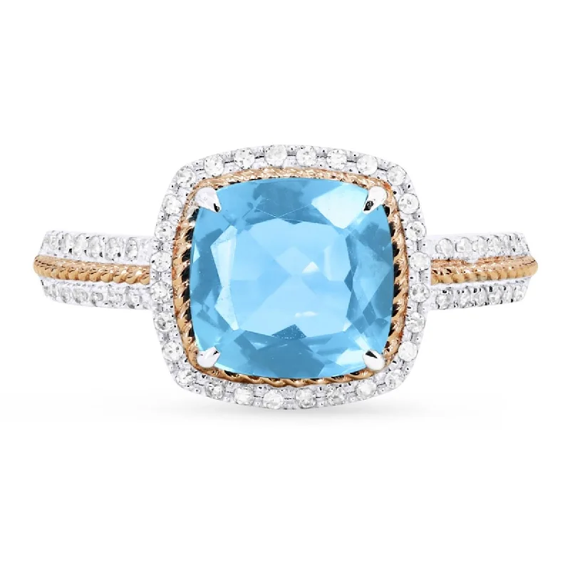 Adjustable Silver Rings-TWO-TONE GOLD FASHION RING WITH CUSHION SHAPED BLUE TOPAZ, .18 CT TW