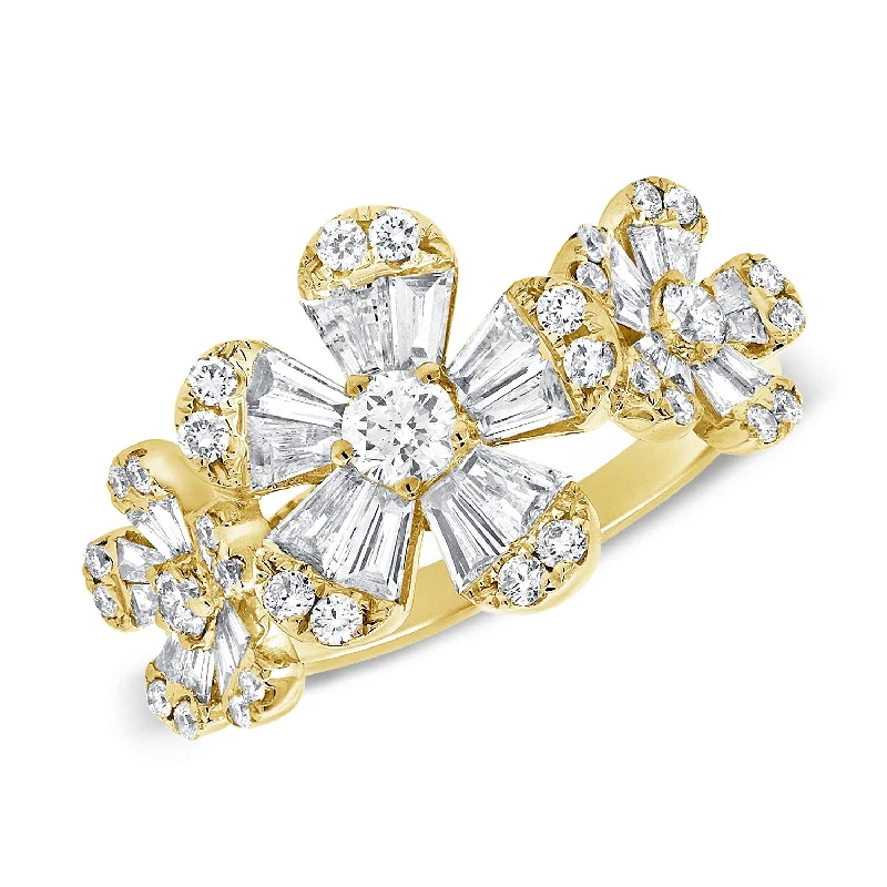 Women's Diamond Rings-14K Yellow Gold Diamond Triple Baguette Flower Ring