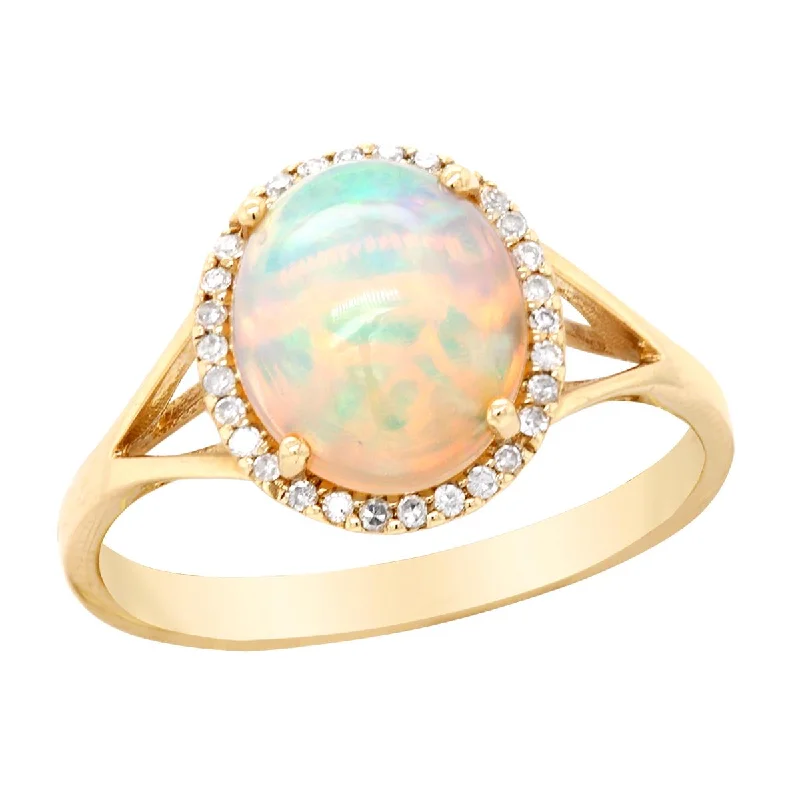 Wedding Rings with Sapphires-YELLOW GOLD AND OPAL FASHION RING WITH 30 SIDE DIAMONDS, .10 CT TW