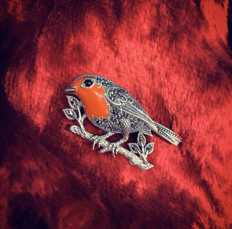 Brooch with Gold Accents-Red Enamel Robin Brooch Silver Marcasite