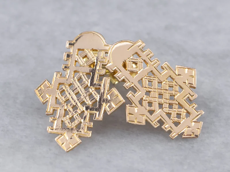 Retro Earrings-Etched Gold Ethiopian Cross Stud Earrings