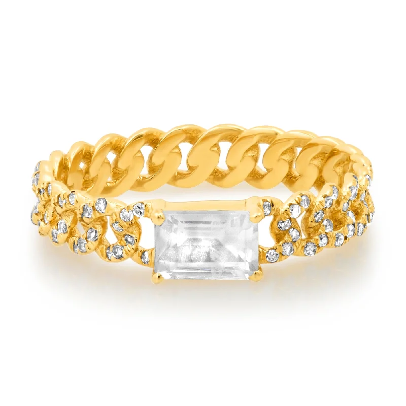 White Gold Rings-CUBAN LINK MOONSTONE & DIAMOND RING, 14kt GOLD