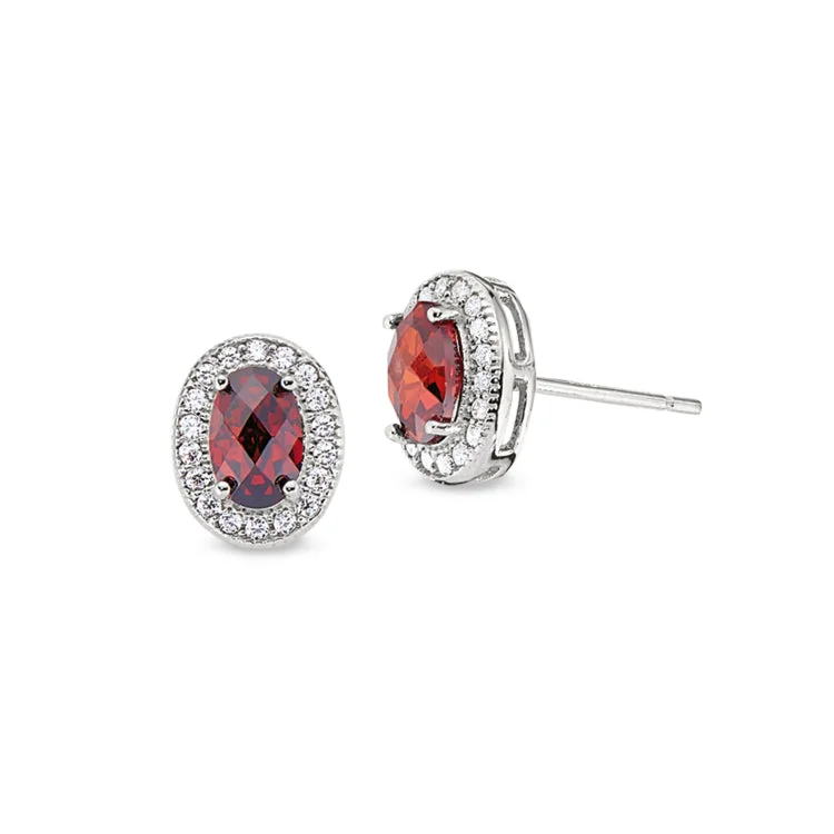 Gem Drop Earrings-Platinum Finish Sterling Silver Micropave Facet Cut Garnet Colored Earrings with Simulated Diamonds