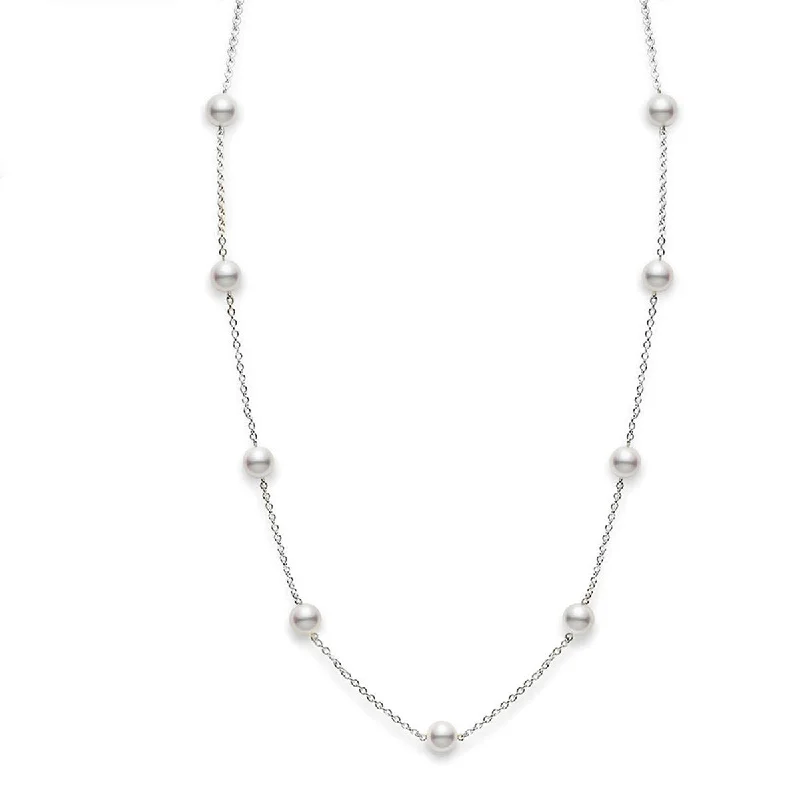 Layered Silver Necklaces-Akoya Cultured Pearl Station Necklace