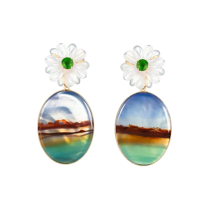 Ring Earrings-Landscape Agate Earrings with Quartz Flower