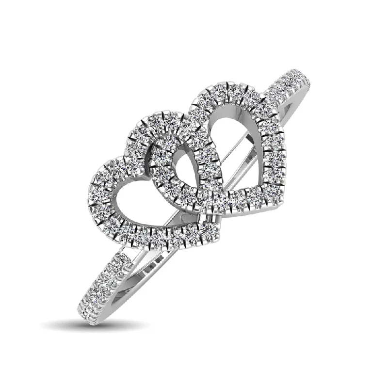 Designer Promise Rings-10K White Gold 1/5 Ctw Diamond Double Heart Ring