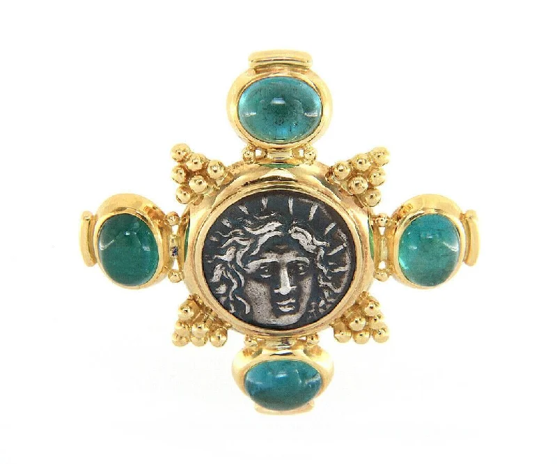 Silver Pineapple Brooch-Elizabeth Gage Ancient Coin and Aquamarine Cabochon Brooch in 18K w/ Box