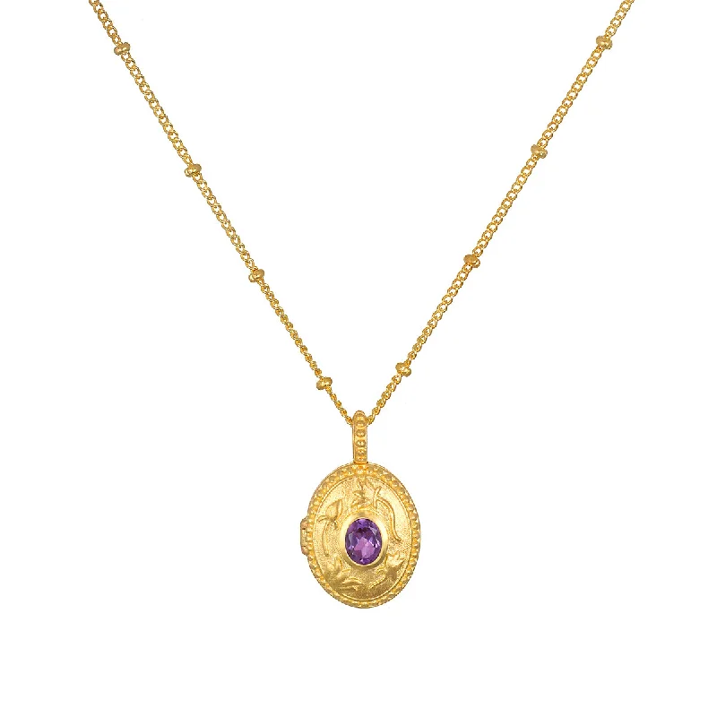 Chic Gold Necklaces-Lotus Amethyst Birthstone Locket Necklace - February