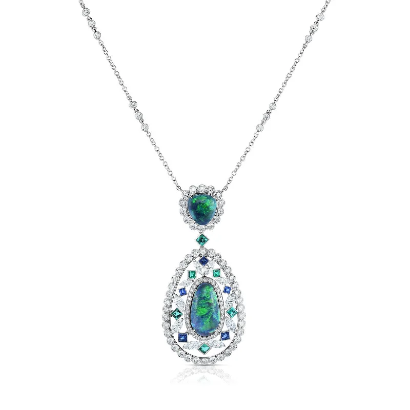 Colorful Gemstone Necklaces-Black Opal, Diamond, Sapphire, and Emerald Pendant Necklace