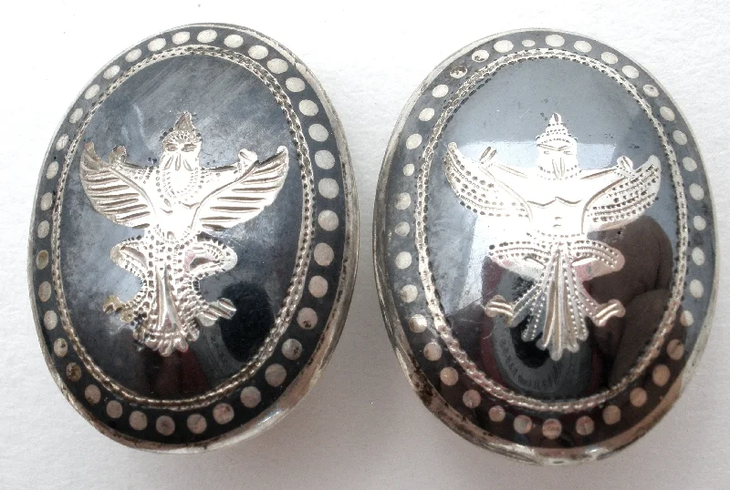 Handcrafted Earrings-Siam Garuda Black Enamel Earrings Vintage