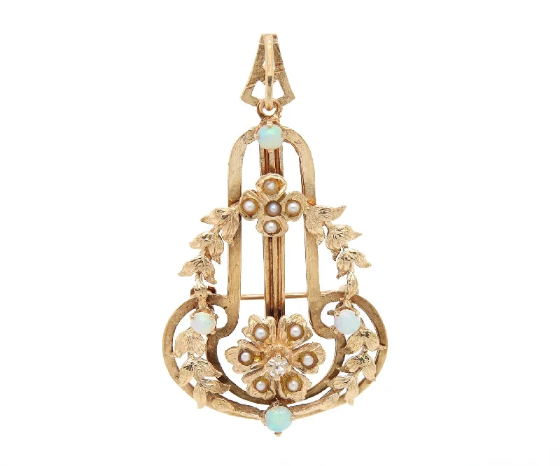 Green Brooch-Opal Seeded Pearl and Diamond Art Nouveau Brooch Pendant in 14K