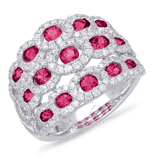 Adjustable Rings-14K White Gold Triple Row Ruby Fashion Ring