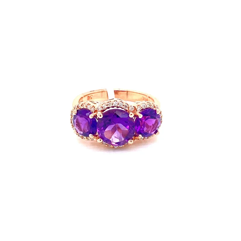 Wedding Ring Sets for Women-14K Rose Gold Diamond + Triple Amethyst Ring