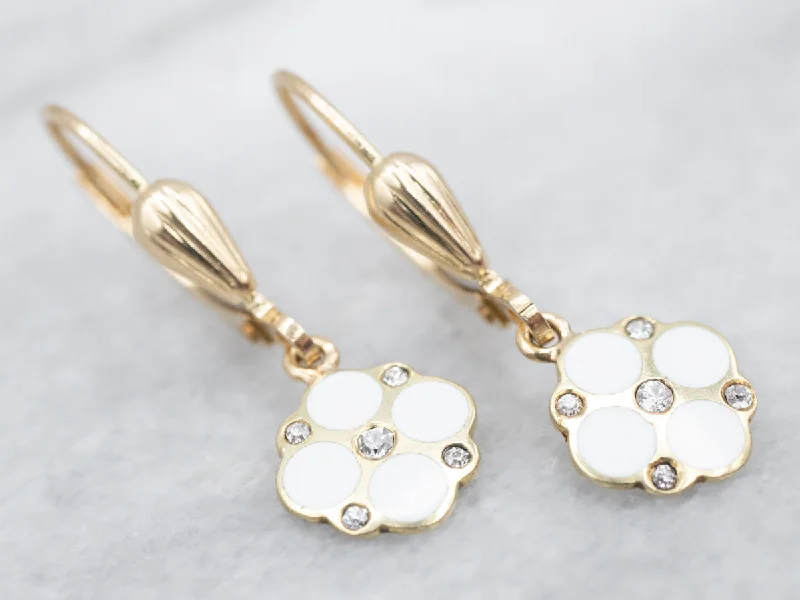 Elegant Drop Earrings-Sweet Yellow Gold White Enamel and Diamond Flower Drop Earrings