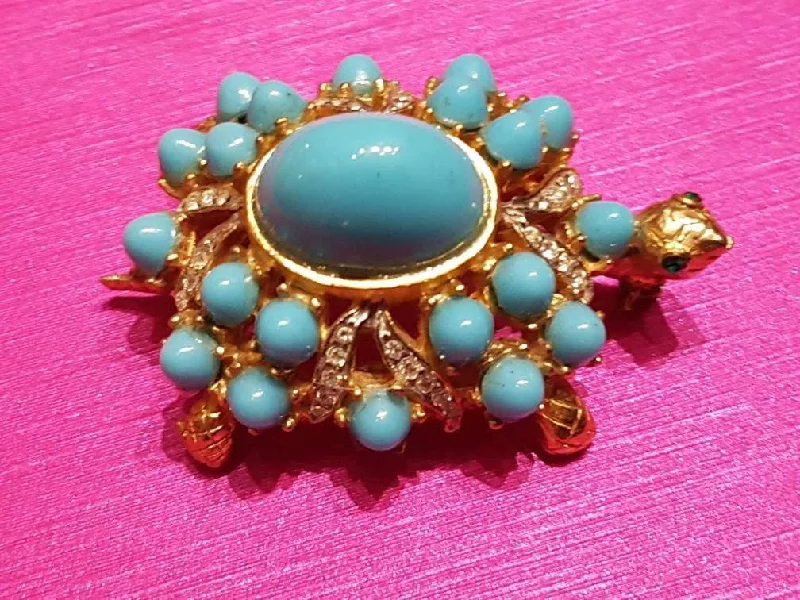 Modern Floral Brooch-Vintage Kenneth Jay Lane Turtle Brooch Turquoise Gold Crystal