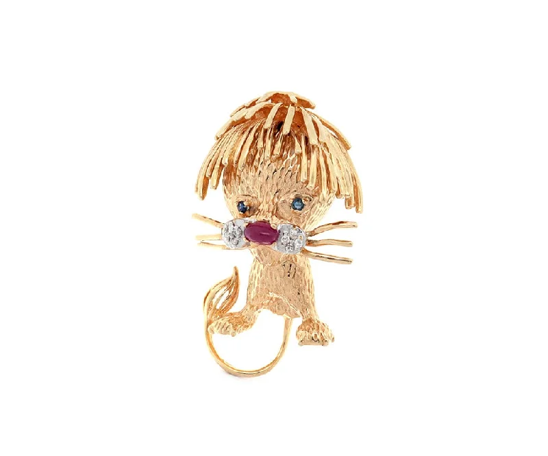 Small Gold Brooch-Retro Ruby Sapphire and 0.05ctw Diamond Lion Brooch in 14K