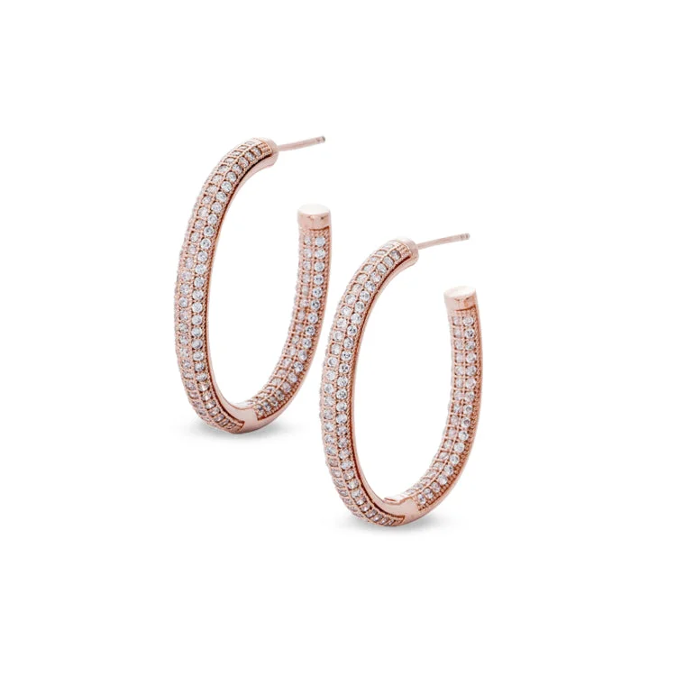 Vintage Gemstone Earrings-Rose Gold Finish Sterling Silver Micropave Oval Inside Out Hoop Earrings with 294 Simulated Diamonds