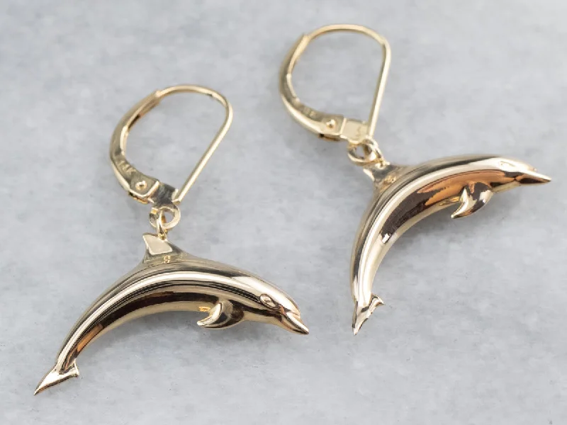 Artistic Pearl Earrings-14K Gold Dolphin Drop Earrings