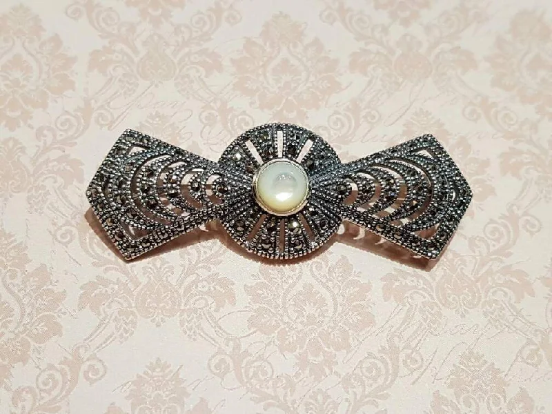 Small Silver Brooch-Art Deco Brooch Silver Marcasite Mother of Pearl Bridal Pendant Pin Vintage Bride