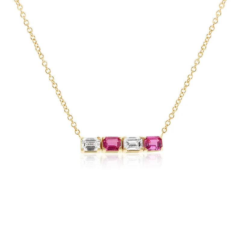 Celestial Necklaces-1.05 Carat Lab Emerald Cut and 1.18 Emerald Cut Lab Pink Sapphire Necklace in 14K Rose Gold