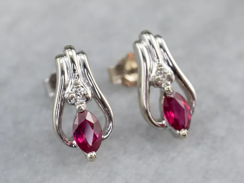 Textured Earrings-Diamond and Synthetic Ruby Stud Earrings