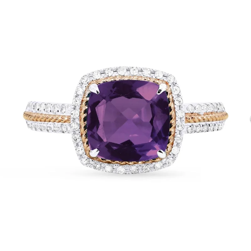 Bridal Ring Sets-TWO-TONE GOLD FASHION RING WITH CUSHION SHAPED AMETHYST, .17 CT TW