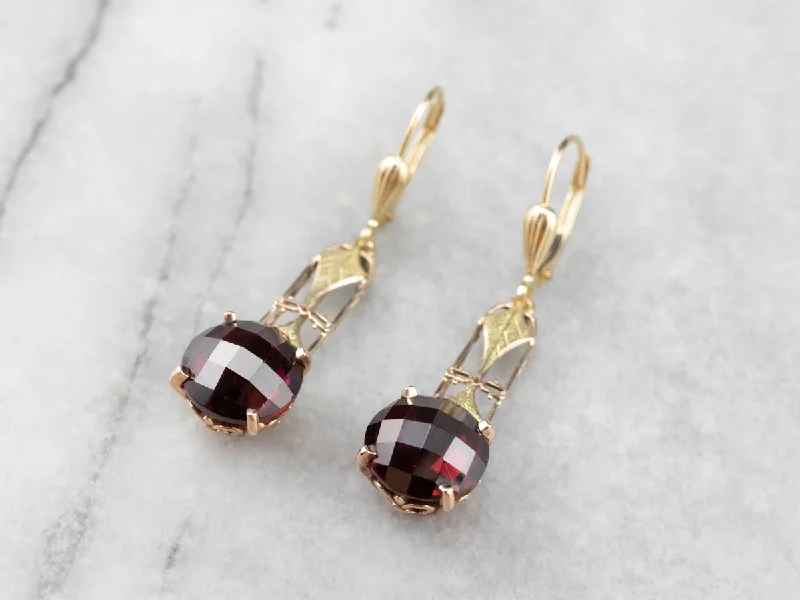 Designer Earrings-Garnet Gold Filigree Bar Drop Earrings