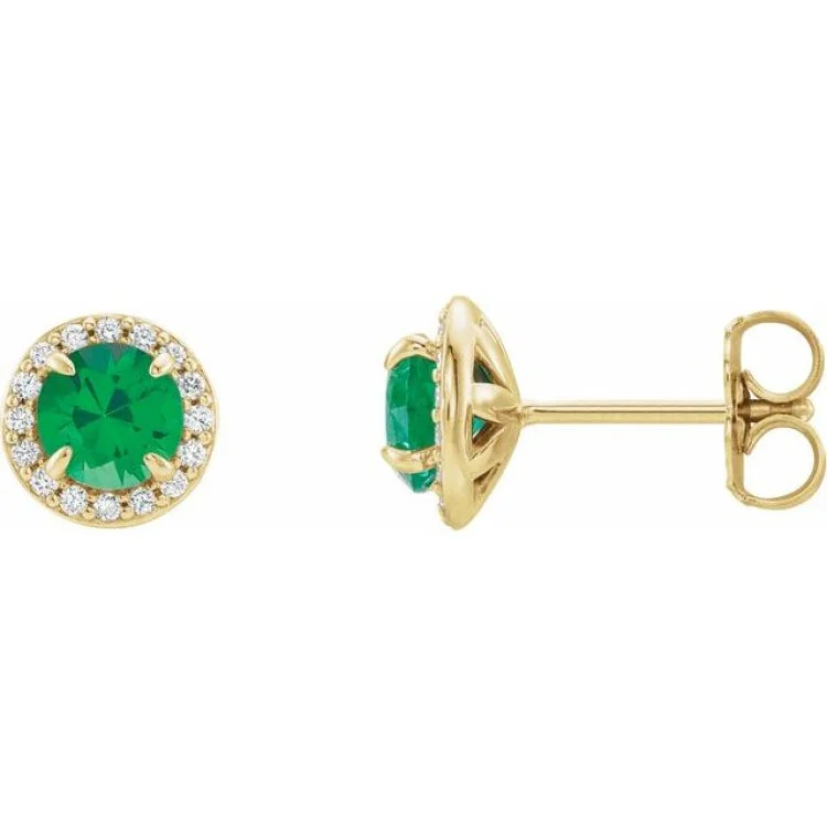 Vintage Stud Earrings-14K Yellow 4.5 mm Lab-Grown Emerald & 1/6 CTW Natural Diamond Earrings