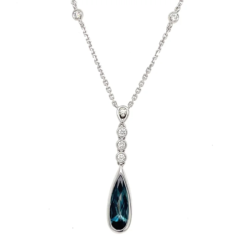 Elegant Pendant Necklaces-14K White Gold Bezel Set Pear-Shaped London Blue Topaz Drop Necklace with Diamond Accents