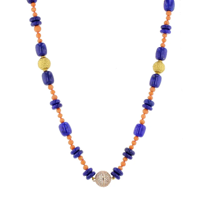 Elegant Charm Necklaces-18K Yellow Gold Lapis and Coral Bead Necklace