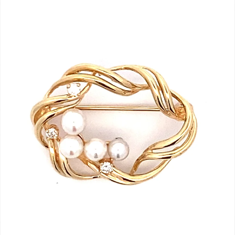 Pink Crystal Brooch-Estated Pearl and Diamond Brooch in Yellow Gold