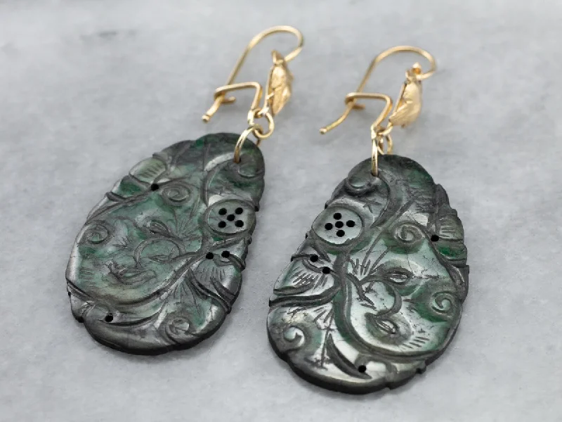 Big Drop Earrings-Botanical Carved Jade Gold Drop Earrings