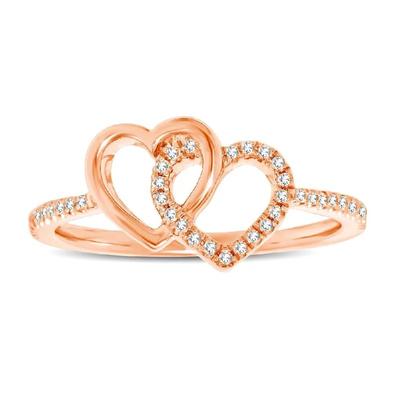 Wedding Ring Stack-10K Rose Gold 1/6 Ctw Diamond Double Heart Ring