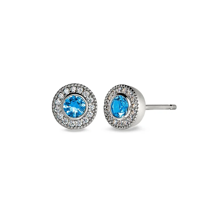 Long Hanging Earrings-Platinum Finish Sterling Silver Micropave Round Simulated Blue Topaz Earrings with Simulated Diamonds