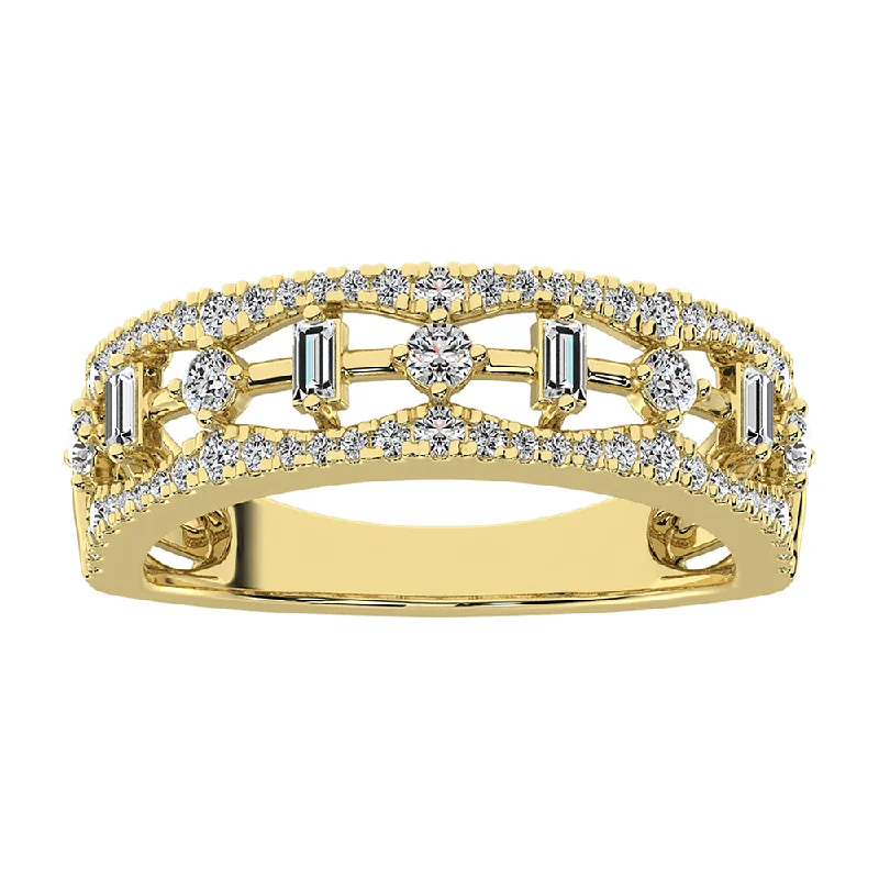 Stackable Silver Rings-14K Yellow Gold 1/2Ct.Tw. Diamond Round and Baguette Set Fashion Band