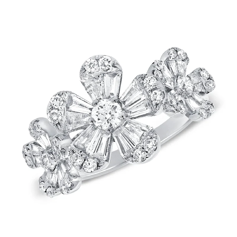 Engagement Rings with Moissanite-14K White Gold Diamond Triple Baguette Flower Ring