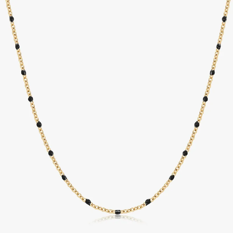 Adjustable Necklaces-Black Enamel Beaded Necklace in Gold