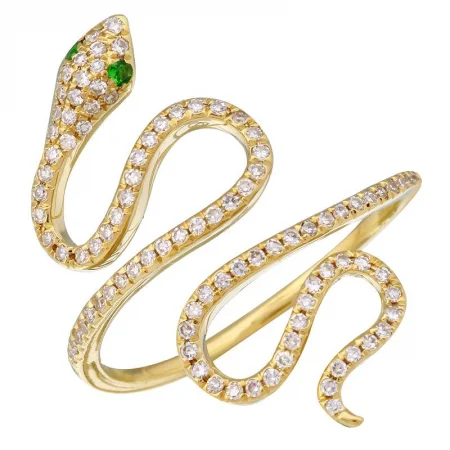 Antique Engagement Rings-14K Yellow Gold Diamond + Emerald Eye Snake Ring