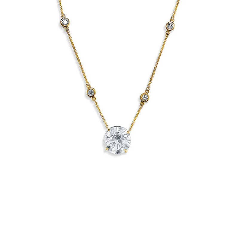 Moonstone Necklaces-6.40 CT Round and 1.00 Cttw Diamonds-by-the-Yard 14K Yellow Gold Necklace