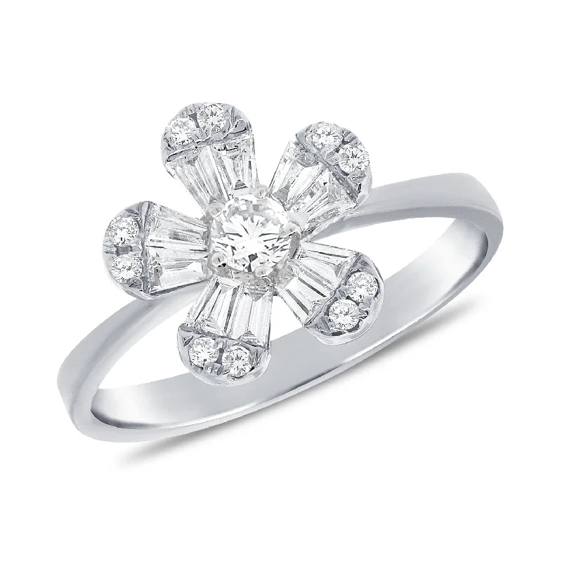 Wedding Band Rings-14K White Gold Baguette Diamond Small Flower Ring