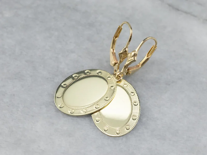 Sparkling Drop Earrings-Green Gold Oval Disk Drop Earrings