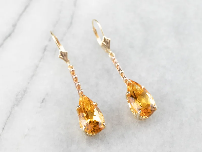 Abstract Drop Earrings-Pear Cut Citrine Gold Bar Drop Earrings